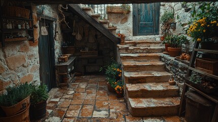 Obraz premium A rustic courtyard with stone steps, potted plants, and a cozy atmosphere.