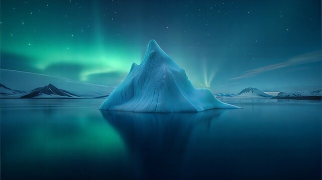 Iceberg floating in night smooth sea water with pink -yellow aurora borealis