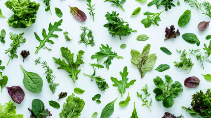 Various fresh greens, from curly lettuce to fragrant herbs, create a visually appealing and organic pattern isolated on white background