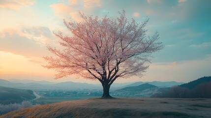 A magnificent and beautiful cherry blossom tree standing alone, with a beautiful view