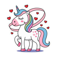 Naklejka premium A beautiful kawaii-style unicorn pastel pink ribbon, surrounded by floating red hearts
