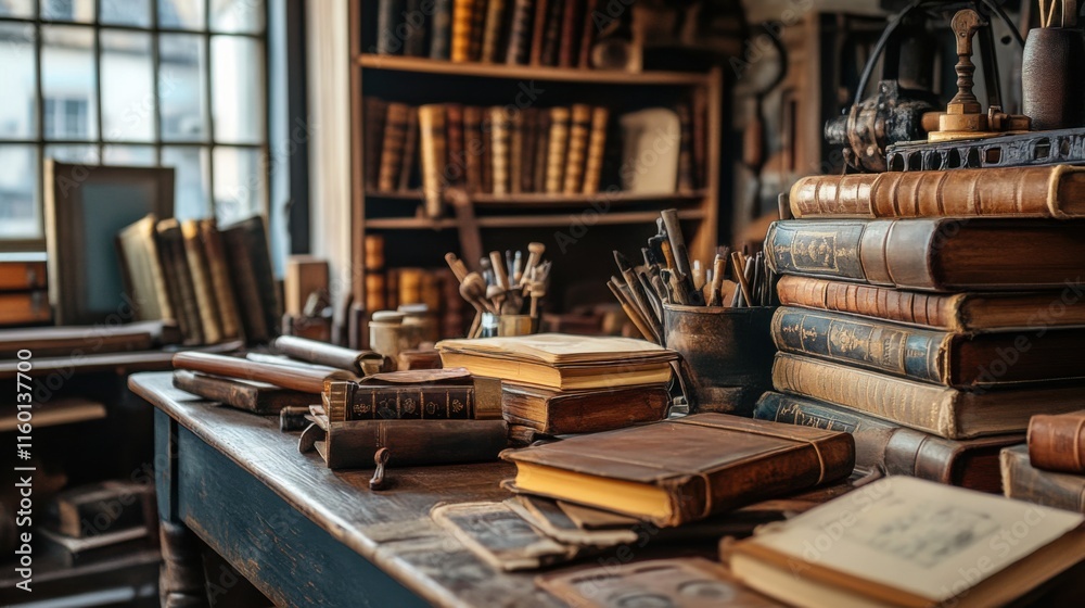 Poster a cozy bookbinding studio with antique tools and stacks of leather-bound books, worktable cluttered 