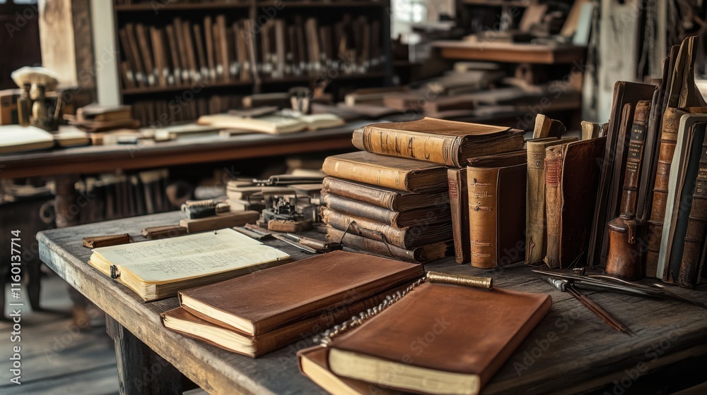 Poster a cozy bookbinding studio with antique tools and stacks of leather-bound books, worktable cluttered 