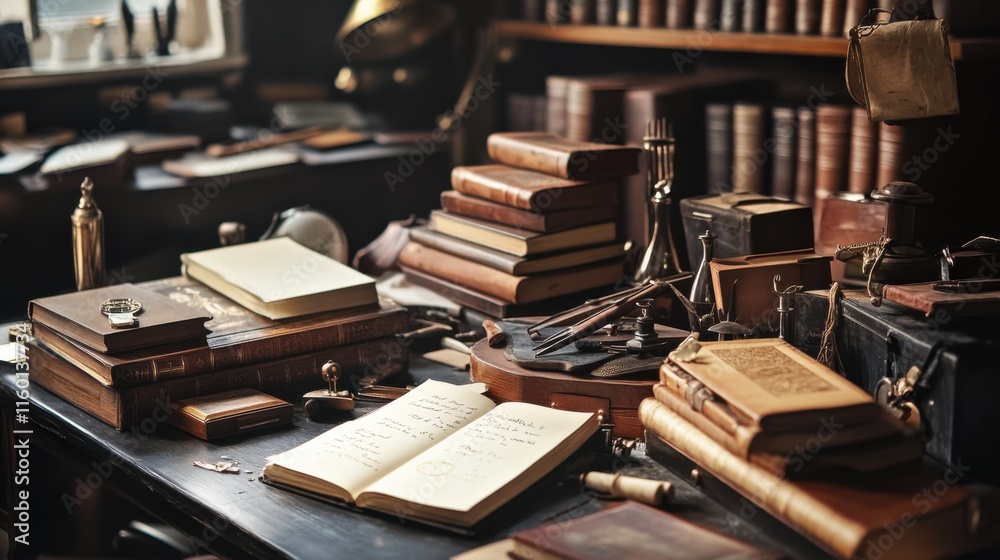 Poster a cozy bookbinding studio with antique tools and stacks of leather-bound books, worktable cluttered 