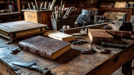 A cozy bookbinding workshop with antique tools, Leather-bound books in various stages of binding, Historical artisan style