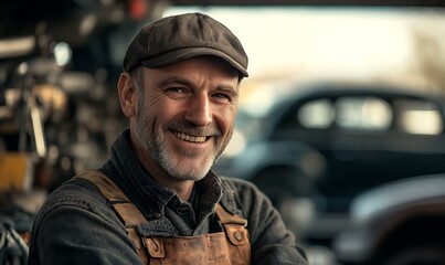 A smiling mechanic in a workshop, showcasing craftsmanship and warmth.