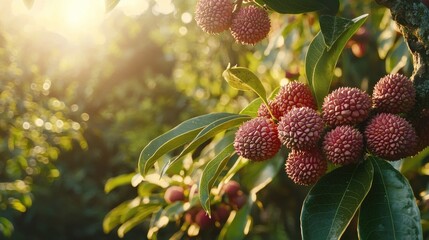 Sunlit lychees on branch with green leaves.