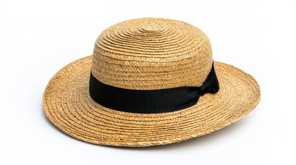A classic straw hat with a black ribbon sits elegantly on a white background, blending simplicity with rustic charm againt white background.