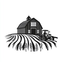 Obraz premium Black and white illustration of a farm scene with a barn and tractor.