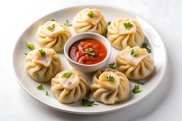 Momos Nepalese Dish On A White Plate On A White Background Directly Above View