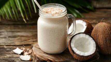 Creamy coconut smoothie in mason jar with fresh coconuts on rustic wooden table