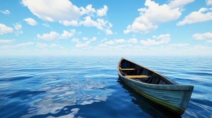 Fototapeta premium A serene scene of a wooden boat floating on calm waters under a blue sky with clouds.