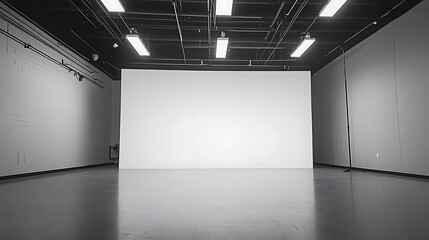 A spacious, minimalistic studio with a blank wall for presentations or performances.