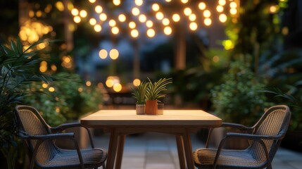 Obraz premium Cozy restaurant interior with an empty wooden table and chairs, softly lit by warm bokeh lights above.