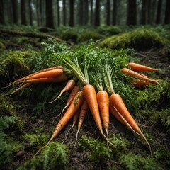 A bunch of vibrant carrots with green tops on a soft mossy forest floor.