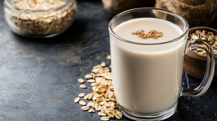Creamy oat milk in glass cup surrounded by rolled oats on dark background