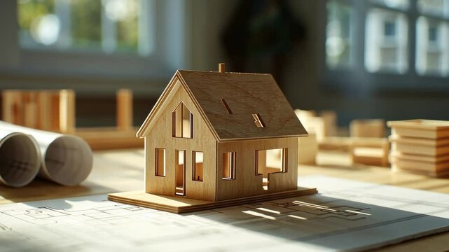 A small wooden house model with construction plans and blueprints in the background, symbolizing home building or real estate development concepts. The design is detailed and realistic,