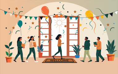 A welcoming scene for new employees, students, or guests, perfect for festivals, workshops, open houses, holidays, and parties. Highlights diversity, collaboration, positivity, and warm hospitality.