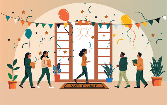 A welcoming scene for new employees, students, or guests, perfect for festivals, workshops, open houses, holidays, and parties. Highlights diversity, collaboration, positivity, and warm hospitality.