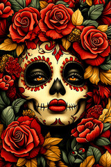 A woman's face is drawn on a flowery background. The woman's face is a skeleton with red lips and red eyes. The background is filled with red roses and other flowers. Scene is eerie and macabre