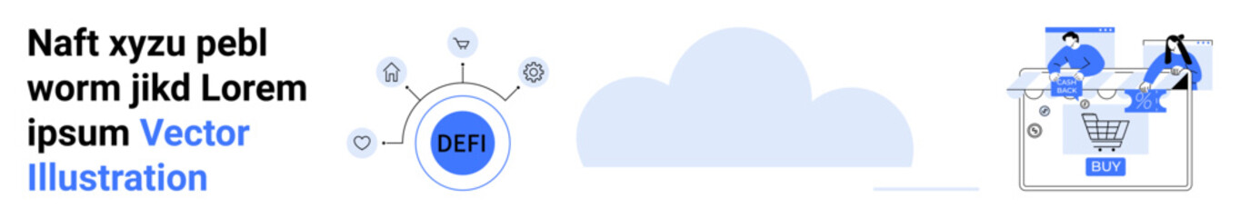 Fototapeta premium DeFi symbol connected to network nodes, cloud backdrop, figures with laptops and shopping carts. Ideal for digital finance, e-commerce, cloud computing, teamwork, blockchain, fintech online
