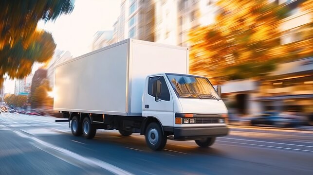 A white box truck moving quickly on the street in a big city, with a motion blur effect and a blurred background. Daylight. Photorealistic. 