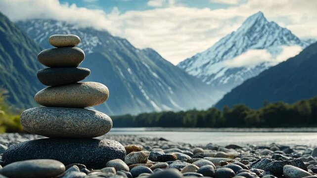 Photo of a stack of stones in the foreground with mountains and a river in the background, representing balance for wellness and meditation concepts. Web banner with copy space on the left side,