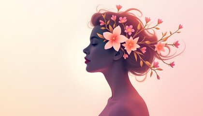 Stylized profile of a woman adorned with blossoms, symbolizing beauty and femininity
