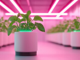 AIdriven greenhouse with robotic plants and artificial photosynthesis system, glowing energy conversion in sleek modern design