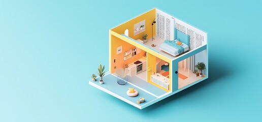 A stylized isometric illustration of a split-level home interior design.