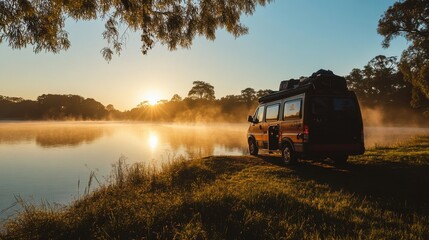 Fototapeta premium A cozy camper van setup by a tranquil riverbank at sunrise, Camping gear against misty waters, Sunrise retreat style