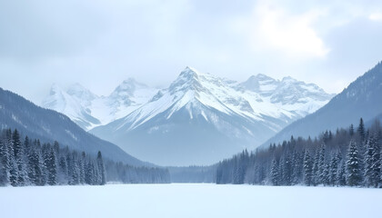  Snowy Mountains on Forest Background: Landscape with majestic snowy mountains and forest below covered with a thick layer of snow.
