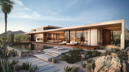 Fototapeta premium Modern desert villa with a pool, surrounded by rocks and vegetation, showcasing architecture.