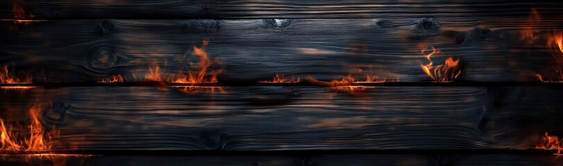  Dark wooden background with burning flames. Wooden wall, table, or floor with glowing fire and embers. Dark wood texture.