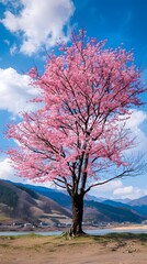 Naklejka premium A magnificent and beautiful cherry blossom tree standing alone, with a beautiful view