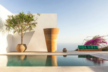 Obraz premium Serenity of a modern poolside retreat with lush greenery and ocean view in a tranquil setting