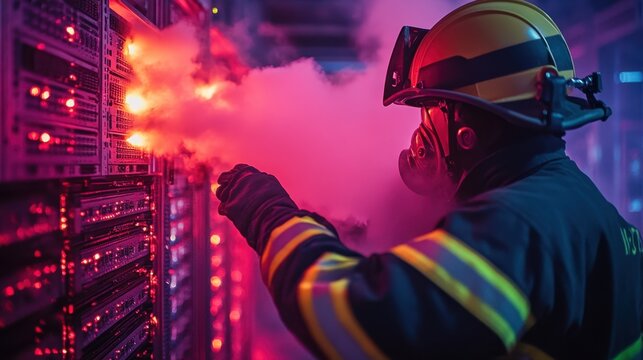 Firefighter in a data center battling a server fire. Illustrates data center safety, emergency response, and technological risk.