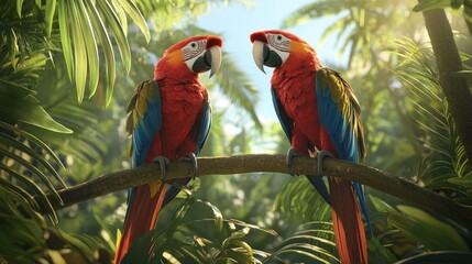 Obraz premium Two scarlet macaws perched on a branch in a lush tropical rainforest.