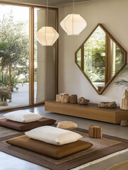Modern interior design showcasing a serene meditation space with natural elements and soft lighting
