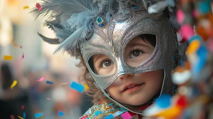 Fototapete Rund Carnival Grandeur in Venice, Mystique of Venice Carnival, Curious Child Peeking from Behind Carnival Mask, Blur Background © Thanawin