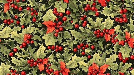 Holly & Cherry Christmas Pattern Background