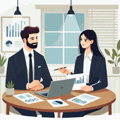 partners meeting for business discussion with documents and laptop on desk.couple at round table ,speaking ,discussing work,partnership.flat vector illustration isolated on a white background