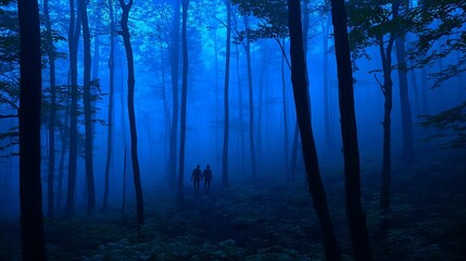 Obraz premium Two figures walk through a misty blue forest.