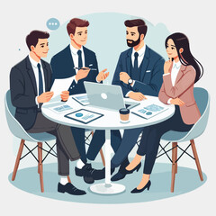 partners meeting for business discussion with documents and laptop on desk.couple at round table ,speaking ,discussing work,partnership.flat vector illustration isolated on a white background