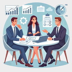 partners meeting for business discussion with documents and laptop on desk.couple at round table ,speaking ,discussing work,partnership.flat vector illustration isolated on a white background