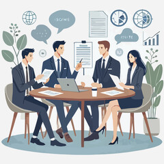 partners meeting for business discussion with documents and laptop on desk.couple at round table ,speaking ,discussing work,partnership.flat vector illustration isolated on a white background