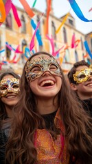 Obraz premium Carnival Grandeur in Venice, Mystique of Venice Carnival, Joyful Teenagers in Colorful Masks Celebrating in Venice, Blur Background