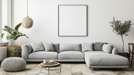Scandinavian living room with framed poster above a grey sofa and wooden floor.