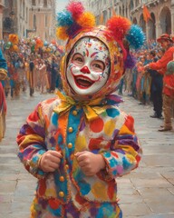 Naklejka premium Carnival Grandeur in Venice, Mystique of Venice Carnival, Joyful Child in Colorful Mask at Venice Festival, Blur Background