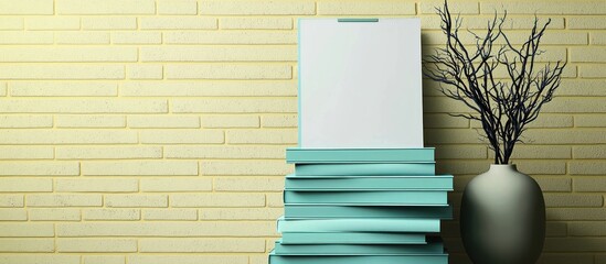 Stack of teal books with an off-white poster, vase with dark branches, soft lighting.